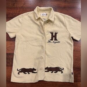 Honor the Gift Women’s Knit Button Down Yellow Designer Tiger Embroidery Small